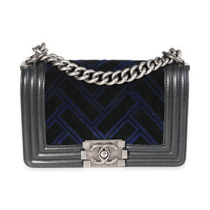Chanel Blue Velvet & Black Calfskin Small Boy Bag